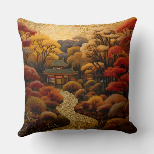 Japanese Garden Path with Blossoming Cherry Trees Cushion
