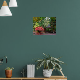 Japanese Garden Pavilion and Autumn Leaves Poster