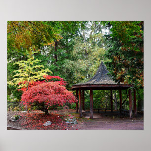 Japanese Garden Pavilion and Autumn Leaves Poster