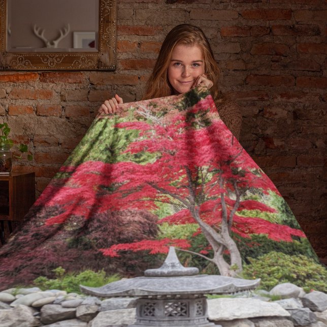 Japanese Garden Pond Lantern and Red Leaves Photo Fleece Blanket (In Situ)