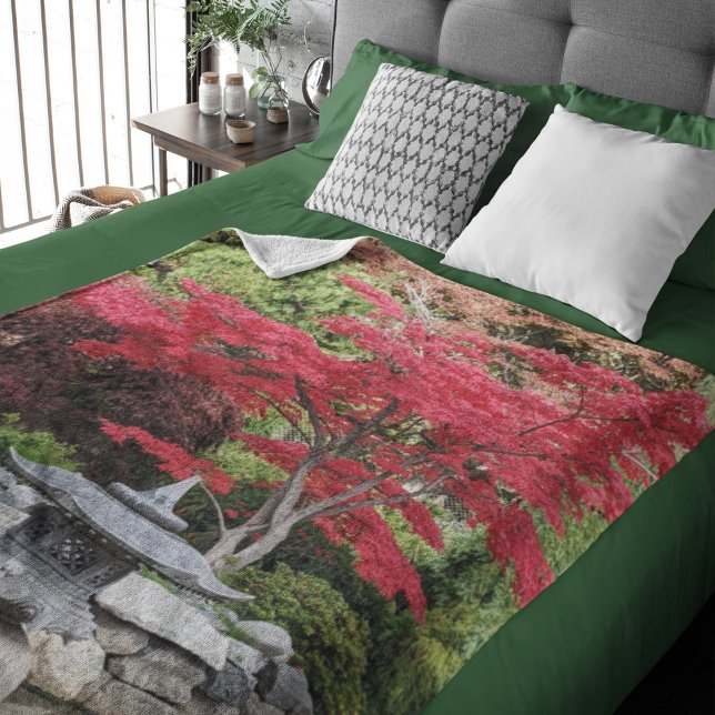 Japanese Garden Pond Lantern and Red Leaves Photo Sherpa Blanket (In Situ Bed)