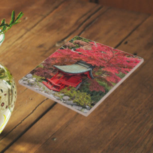 Japanese Garden Shrine and Autumn Leaves Ceramic Tile