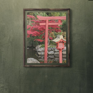 Japanese Garden Structures and Autumn Leaves Poster