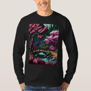 Japanese Garden with Bridge Cherry Blossom 16bit V T-Shirt