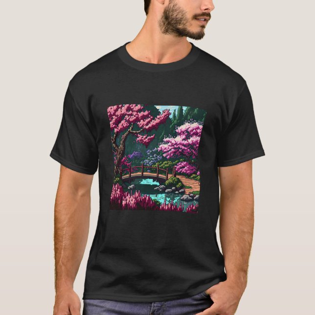 Japanese Garden with Bridge Cherry Blossom 16bit V T-Shirt (Front)