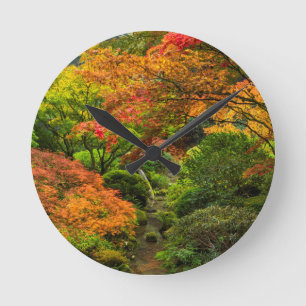 Japanese Gardens In Autumn In Portland, Oregon 2 Round Clock