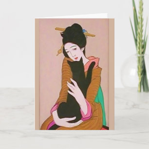 Japanese Geisha and Black Cat Greeting Card