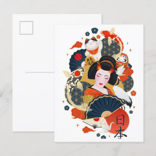 Japanese Geisha Art Illustration Travel Postcard