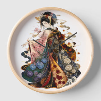 Japanese Geisha Art | Kimono and Seasonal Flowers Clock