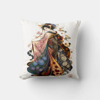 Japanese Geisha Art | Kimono and Seasonal Flowers Cushion