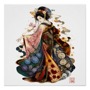 Japanese Geisha Art   Kimono and Seasonal Flowers Poster