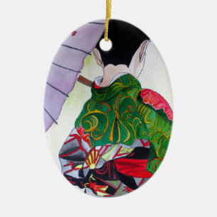 Japanese Geisha art with kimono and umbrella Ceramic Tree Decoration