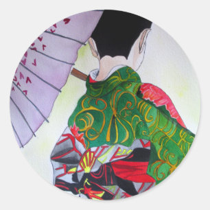 Japanese Geisha art with kimono and umbrella Classic Round Sticker