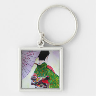 Japanese Geisha art with kimono and umbrella Key Ring