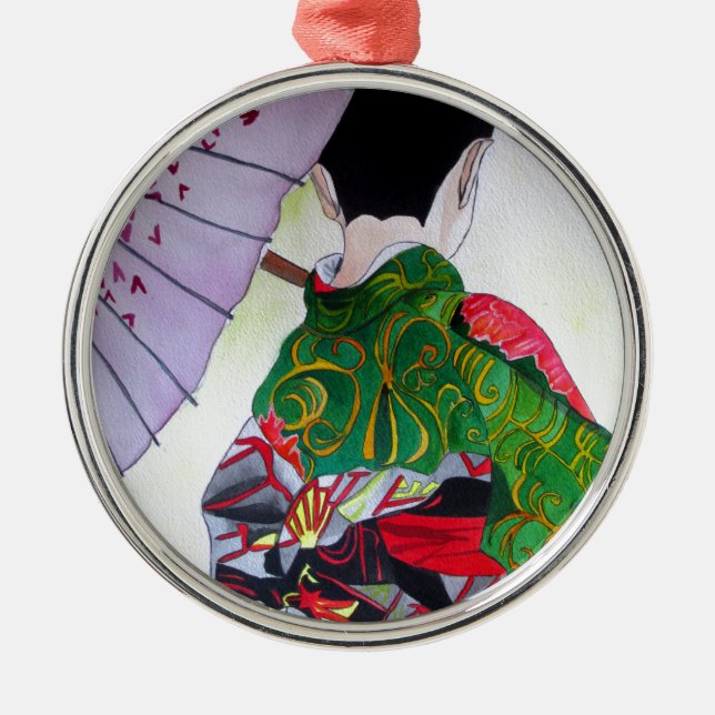 Japanese Geisha art with kimono and umbrella Metal Ornament (Front)