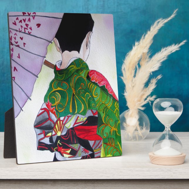 Japanese Geisha art with kimono and umbrella Plaque (Side)
