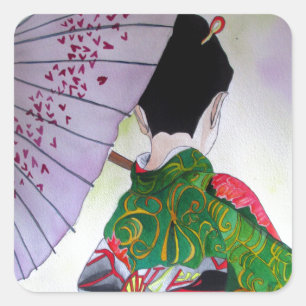 Japanese Geisha art with kimono and umbrella Square Sticker