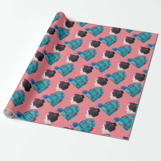 Japanese Geisha cherry blossom cute art Wrapping Paper (Unrolled)