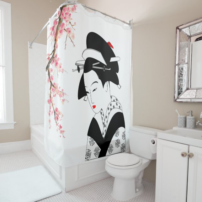 japanese geisha cherry blossom tree pink white shower curtain (In Situ)