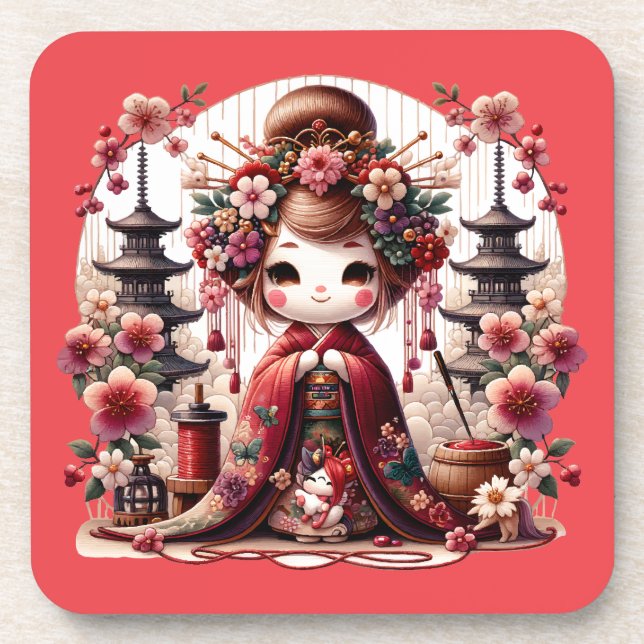 Japanese Geisha Cute Scene Coaster (Front)