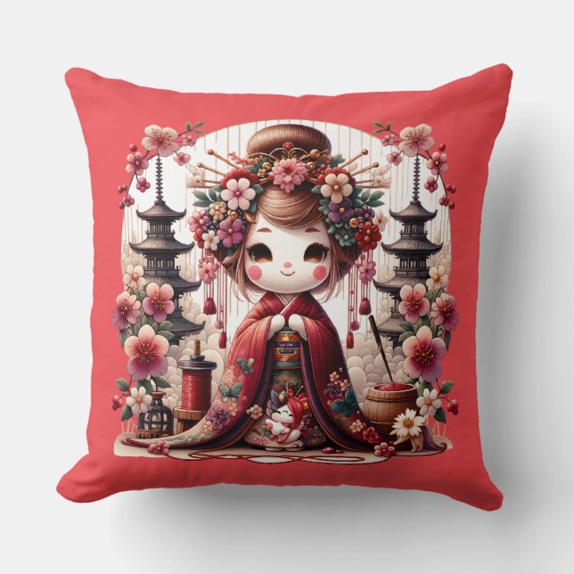 Japanese Geisha Cute Scene Cushion (Front)