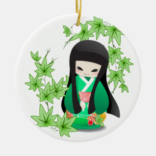 Japanese Geisha Doll - green series Ceramic Ornament