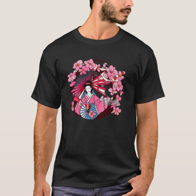 Japanese Geisha fans and umbrellas cherry blossom  T-Shirt (Front)