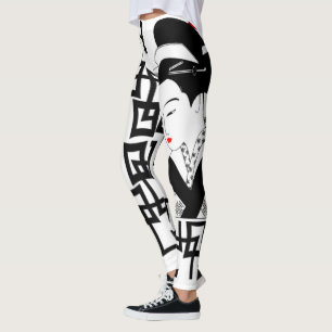 japanese geisha girl black white graphic leggings
