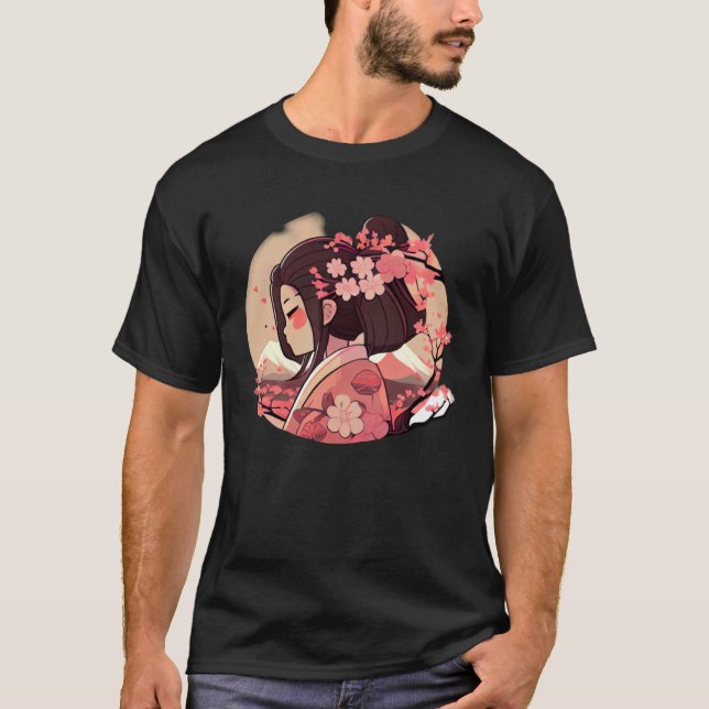 Japanese Geisha girl cherry blossom flowers snow m T-Shirt (Front)