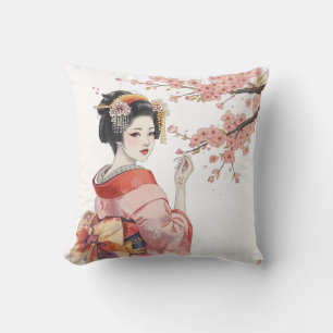 Japanese Geisha Girl & Cherry Blossoms Pink Cushion