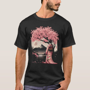 Japanese Geisha Girl Kimono Fuji Mount Cherry T-Shirt