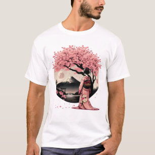 Japanese Geisha Girl Kimono Fuji Mount Cherry T-Shirt