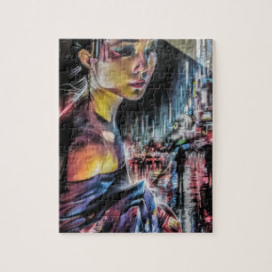 Japanese Geisha Girl Streets of Tokyo Painting Jigsaw Puzzle