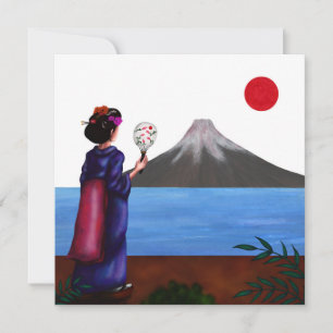 Japanese Geisha Girl, the sun and Fuji Mountain Holiday Card