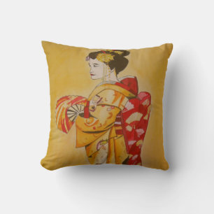 Japanese Geisha golden yellow background Cushion