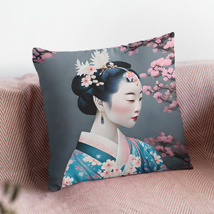 Japanese Geisha In A Cherry Blossom Garden Cushion