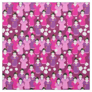 Japanese Geisha in Kimono's Pink Patterned Fabric