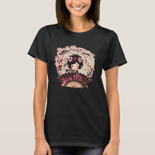 Japanese Geisha lady with blossom flowers and fan T-Shirt
