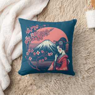 Japanese Geisha Mount Fuji Cherry Blossom Trees Cushion