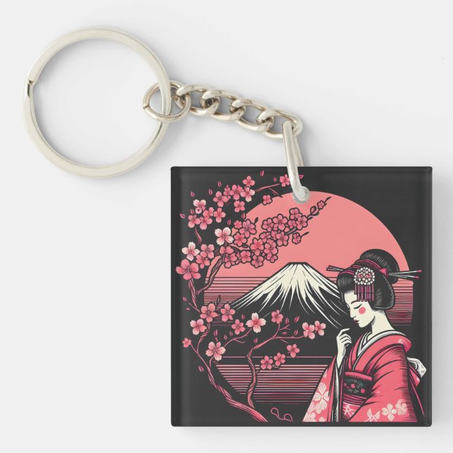 Japanese Geisha Mount Fuji Cherry Blossom Trees Key Ring (Front)
