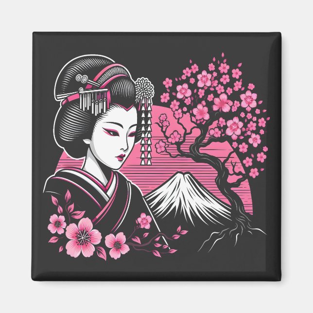 Japanese Geisha Mount Fuji Japanese Cherry Blossom Magnet (Front)
