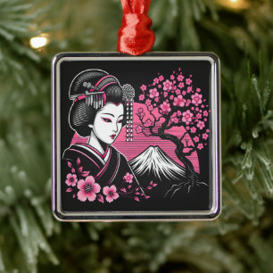Japanese Geisha Mount Fuji Japanese Cherry Blossom Metal Ornament