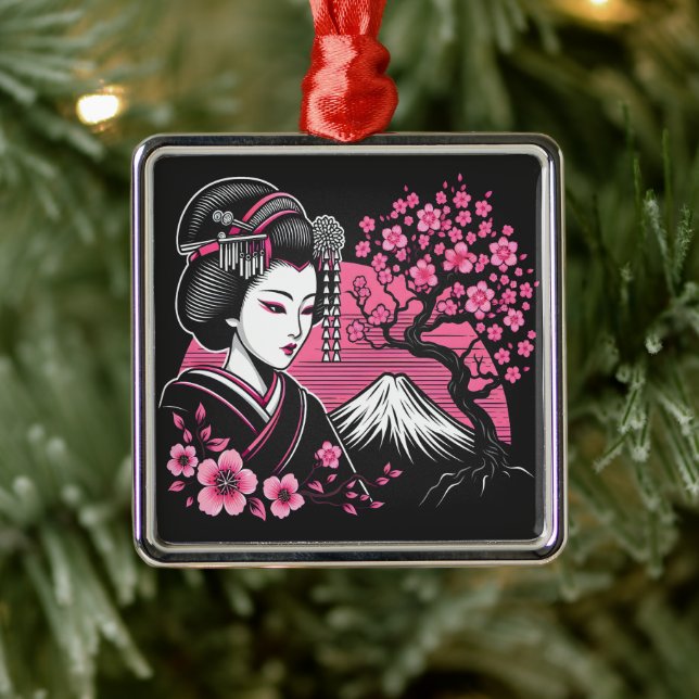 Japanese Geisha Mount Fuji Japanese Cherry Blossom Metal Ornament (Tree)