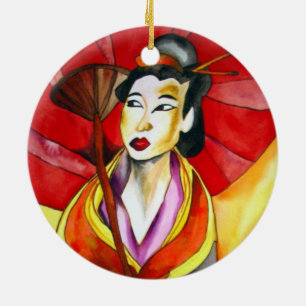 Japanese Geisha original art watercolor painting Ceramic Tree Decoration