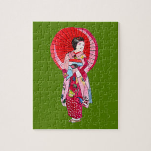 Japanese Geisha red kimono cute art Jigsaw Puzzle