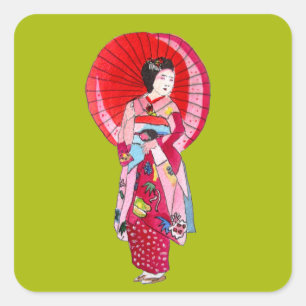 Japanese Geisha red kimono cute art Square Sticker