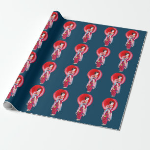 Japanese Geisha red kimono cute art Wrapping Paper
