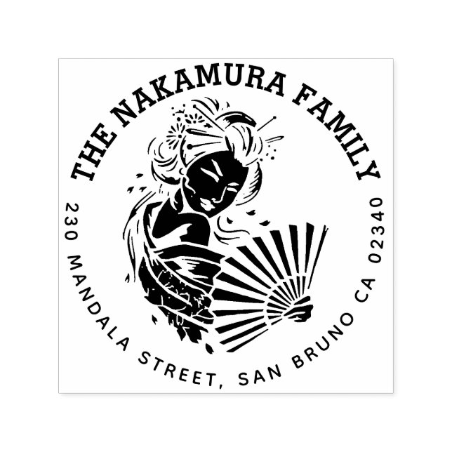 Japanese Geisha Round Family Name Return Address Self-inking Stamp (Design)