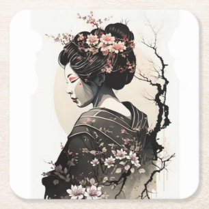 Japanese Geisha - Square Paper Coaster