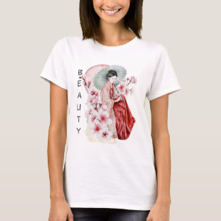 Japanese Geisha Watercolor with Kimono and Sakura T-Shirt